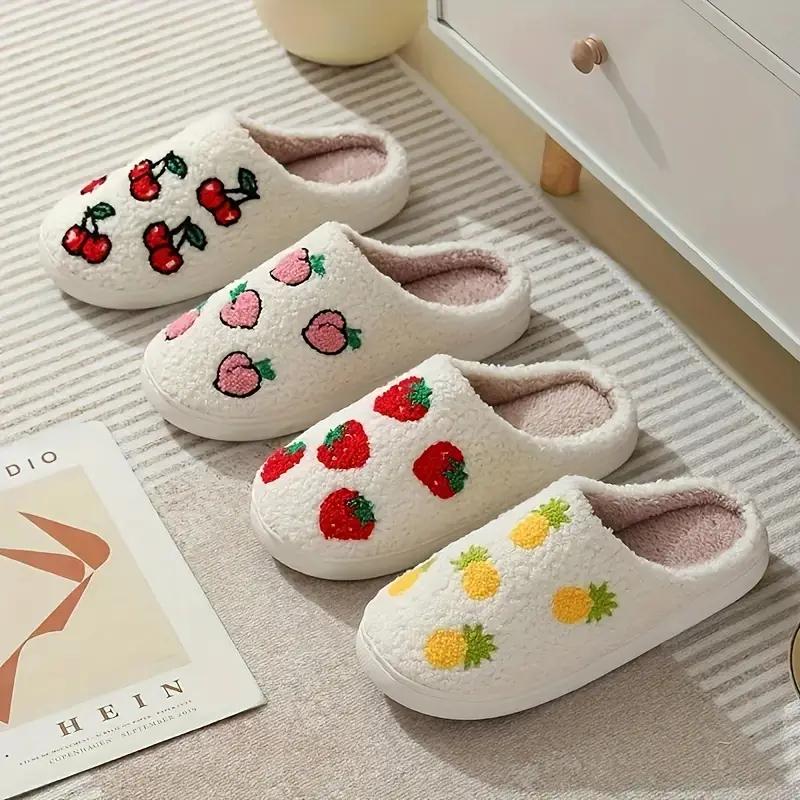 Нечеткие тапочки с милым фруктовым узором, зимние уютные и теплые туфли на плоской подошве с мягкой подошвой, повседневные плюшевые домашние тапочки