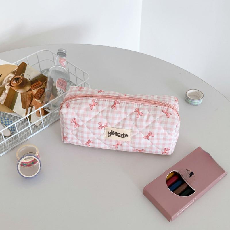 1 шт., милый студенческий пенал для девочек ярких цветов, клетчатая сумка-карандаш с кружевным бантом, мультяшная сумка для хранения канцелярских принадлежностей, школьные принадлежности