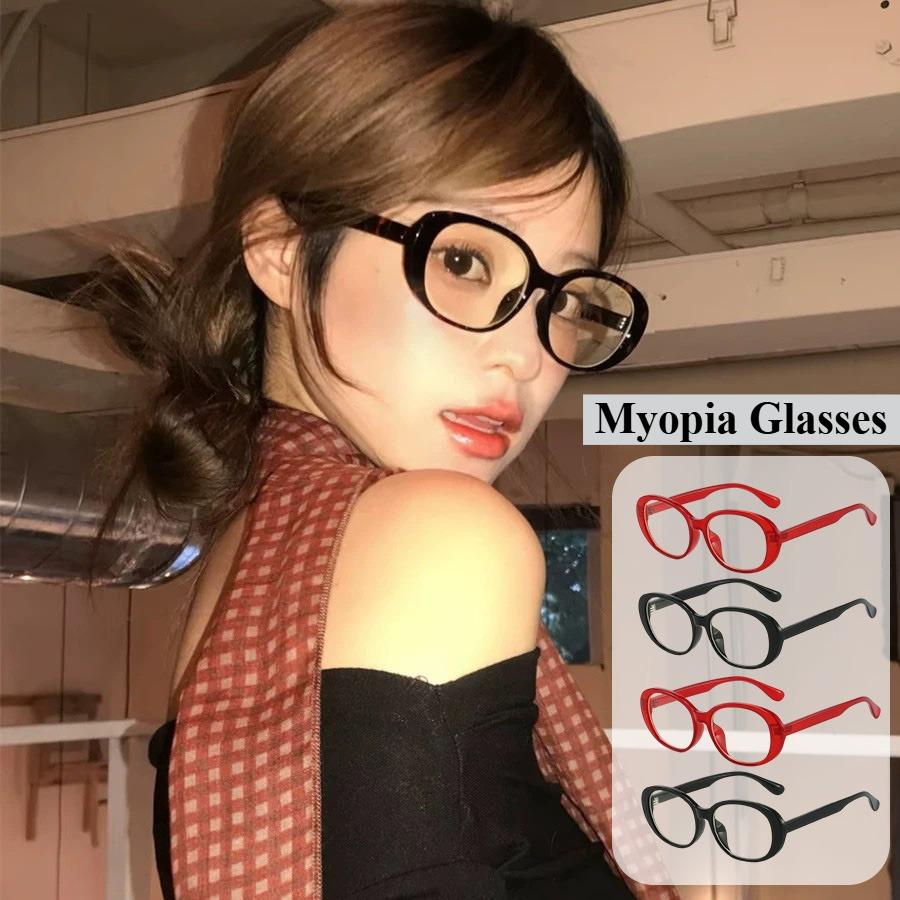 0 To -4.0 Black/Red Myopia Glasses Elliptical Frame Anti Blue Light Glasses Decorative Glasses Metal Hinges/More Sturdy