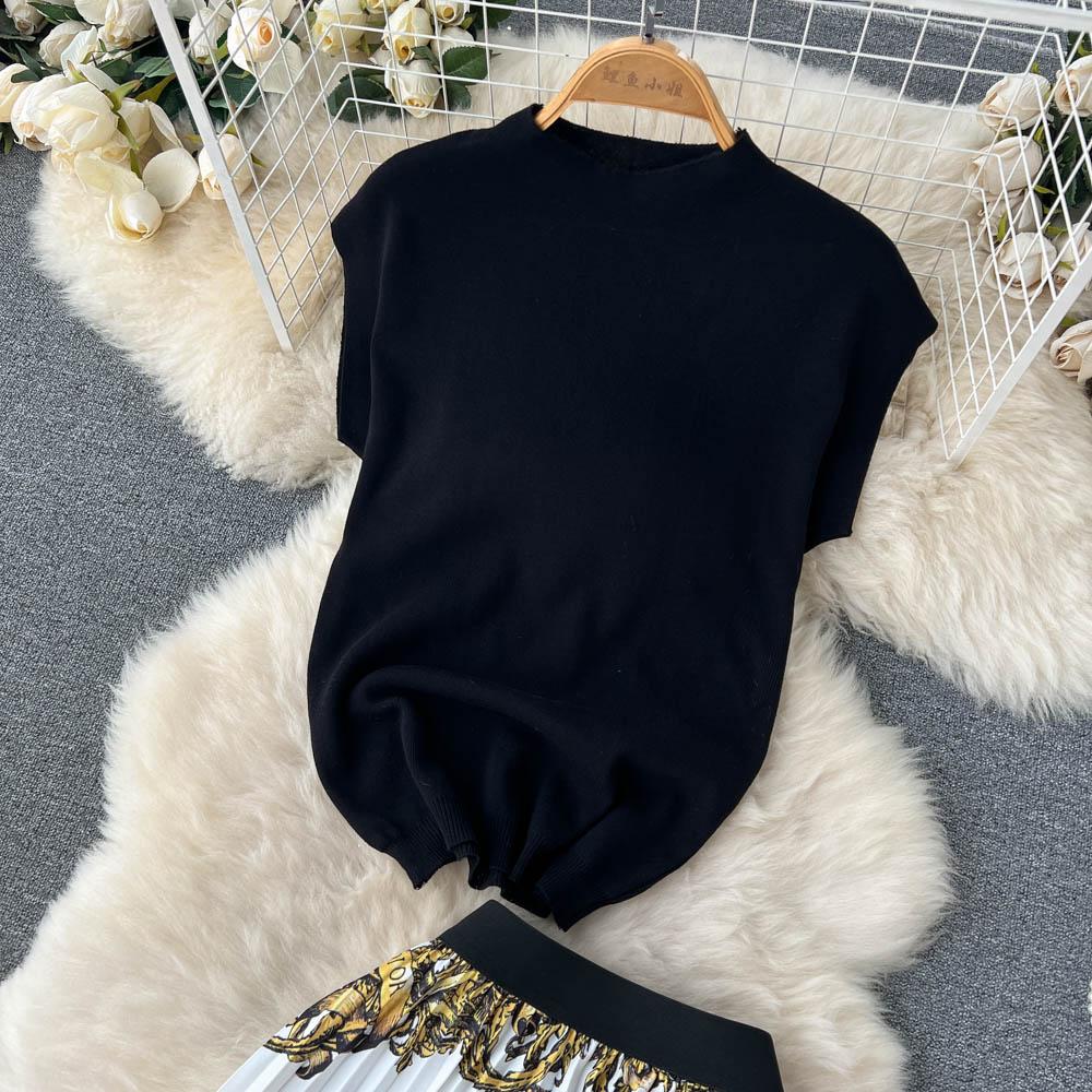 Этнический стиль костюм-двойка женский летний темперамент короткий топ-футболка с принтом юбка плиссе с высокой талией