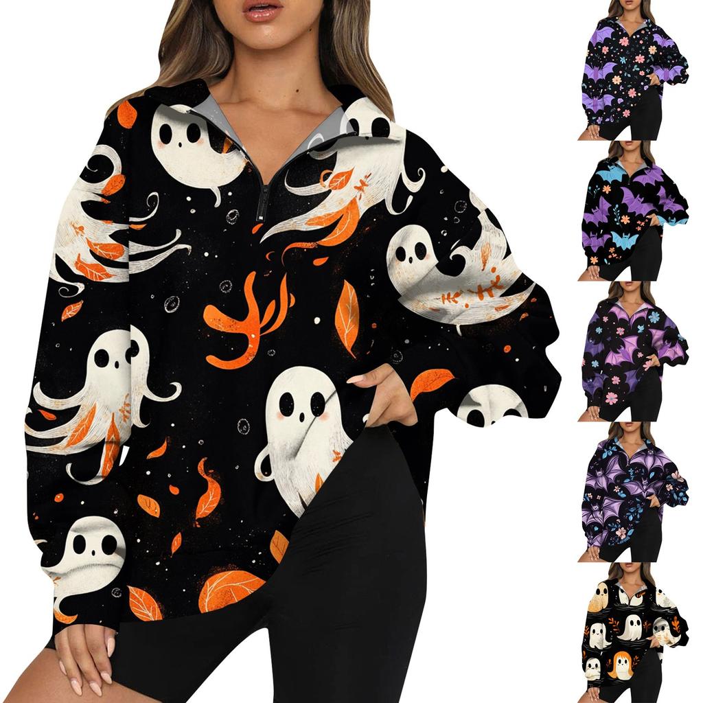 Women's Fashion Casual Long Sleeve Printed Zipper Turtleneck Drop Shoulder Sweatshirt Top