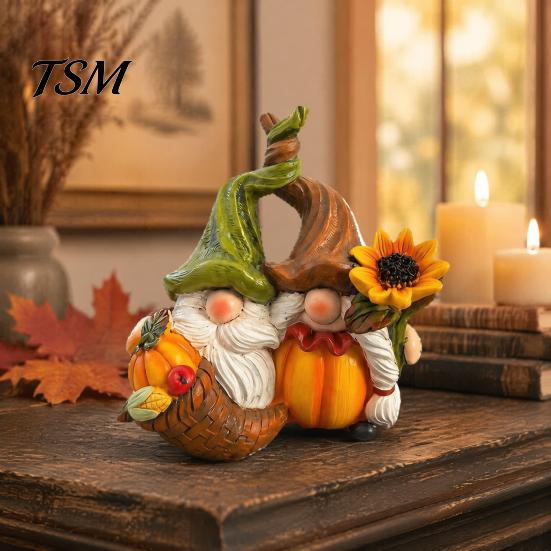 Indoor Tabletop Harvest Display Fall Gnome Ornament, Resin Autumn Figurines with Pumpkin And Sunflower Ornaments Decor for Thanksgiving Halloween,