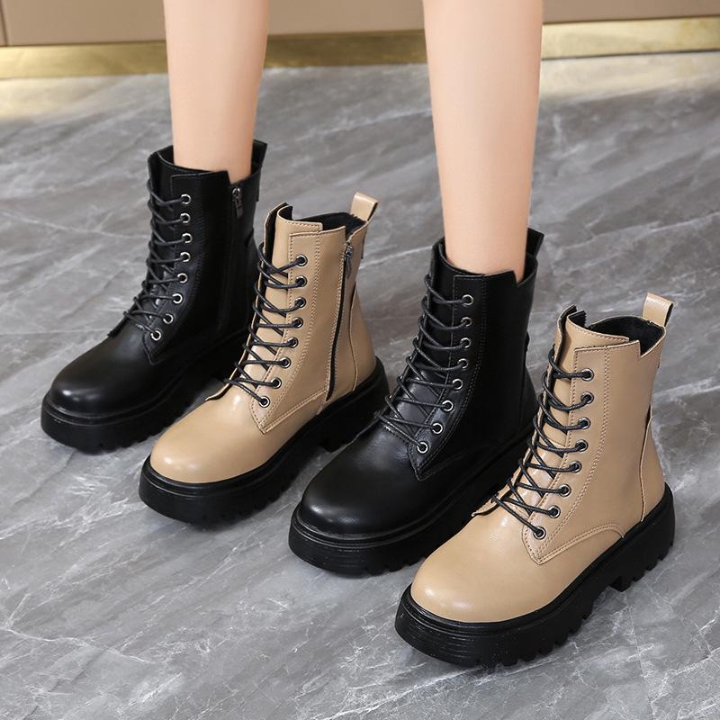 Women's Leather Boots Fashion Outdoor Casual Ankle Boot Lace-up Platform Boot Classic Leather Short Boots Women Motorcycle Boots