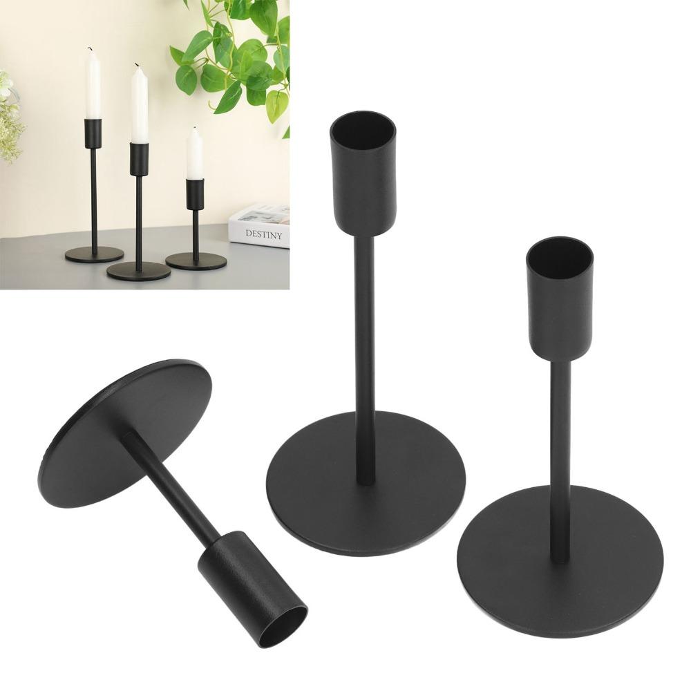 3pcs 3 Heights Metal Taper Candle Holders Black Round Base Candle Holders Dining Table