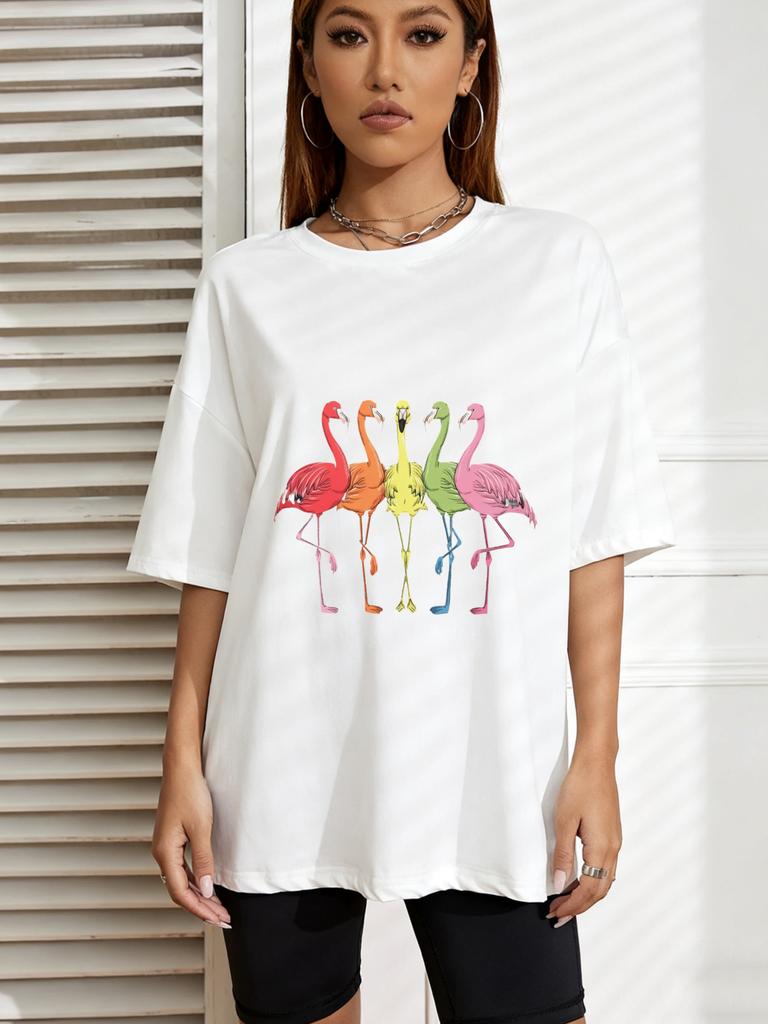 Oversized T Shirt White Flamingo Print Summer Casual Wear
