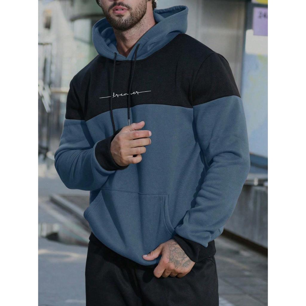 Manfinity Homme Мужская двухцветная толстовка с капюшоном и графическим принтом в виде буквы «кенгуру», с карманом-кенгуру и шнурком на подкладке