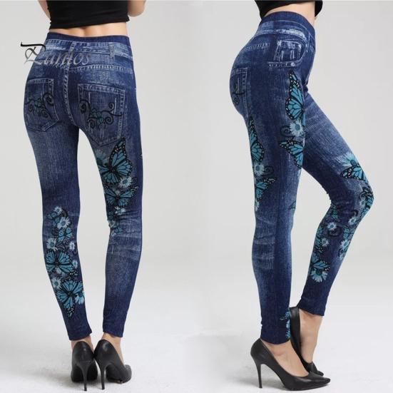 Fitness Pants High Waist Multi Pockets Butterflies Floral Print Leggings Push Up Imitation Jeans Skinny Women Yoga Activewear Sports
