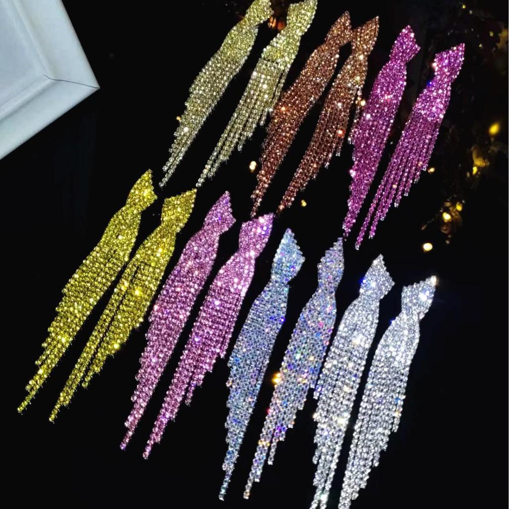 European & American Style Full Diamond Long Tassel Earrings for Women