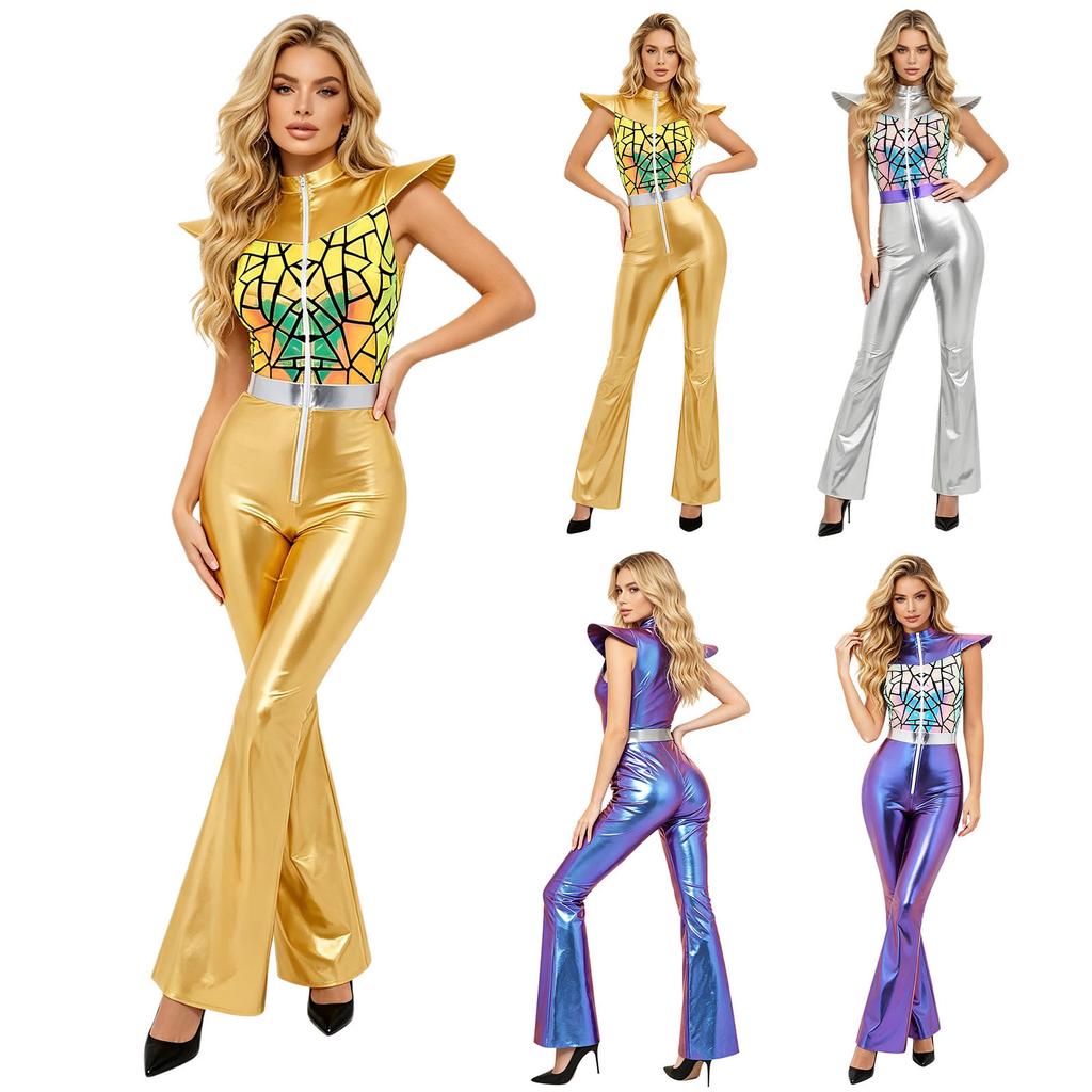 Women Retro 70s Disco Club Jumpsuit Fly Sleeve Front Zipper Gradient Sequined Bodice Bell Bottoms Color-block Unitard for Halloween Party