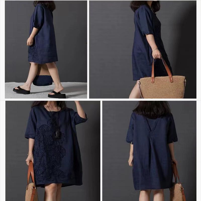 Литературное маленькое свежее свободное хлопково-льняное платье с длинными рукавами и вышивкой