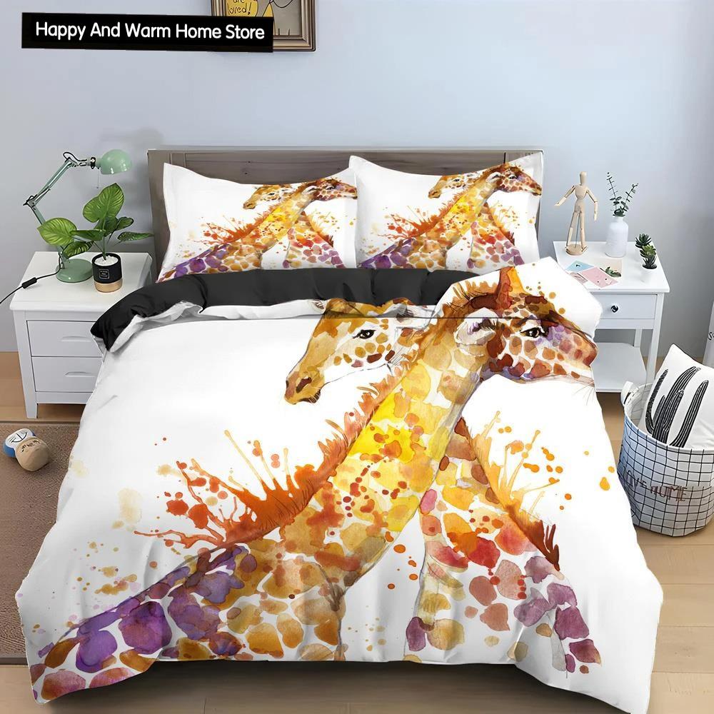 Cartoon Giraffe King Queen Duvet Cover Boys Girls Animal Bedding Set Wildlife Quilt Cover Polyester Comforter