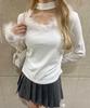 WEGO PHILLY Faux Fur Piping Long Sleeve Korean Size White T-Shirt, Style, Girly, Casual, Gift, Spring, Autumn, Winter, Women's, F,