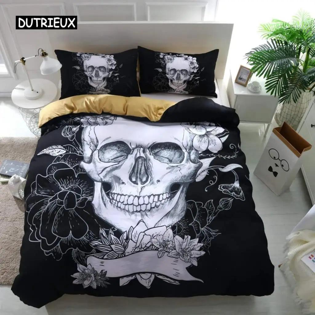 Duvet Cover Set,3D Printed Gothic Skull Bedding Set,Soft Comforter Cover with Zipper Closure and 2 Pillow Shams Sugar Skull