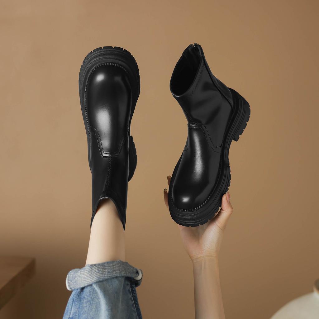 Krazing Pot Микрофибра Осенне-зимняя обувь Толстый высокий каблук Молния Платформа Размер 43 Мотоциклетные ботинки Коричневый цвет Ботильоны