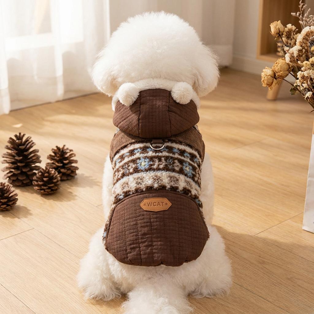 Autumn and Winter Pet Striped Plush Patchwork Vest Teddy Cat Hooded Jacket Dog Clothes for Small Dogs Puppy Clothes
