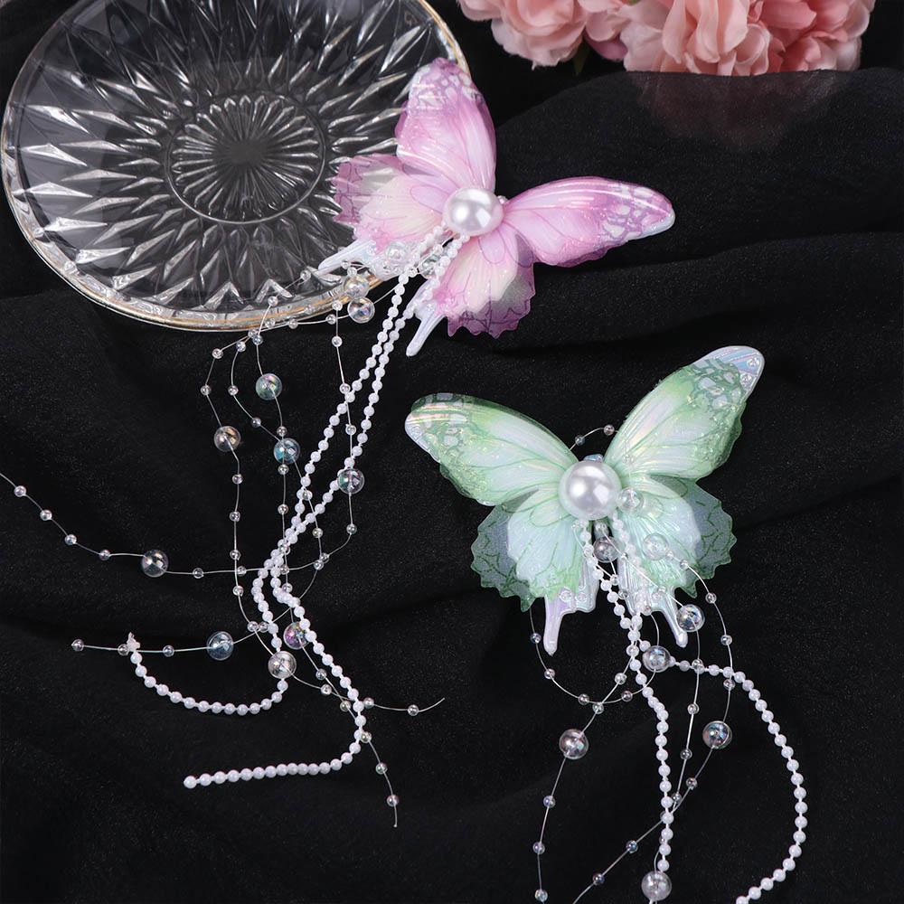Imitation Pearl Butterfly Hairpin Mesh Butterfly Hair Clip Minimalist Tassel Duckbill Clip Wedding