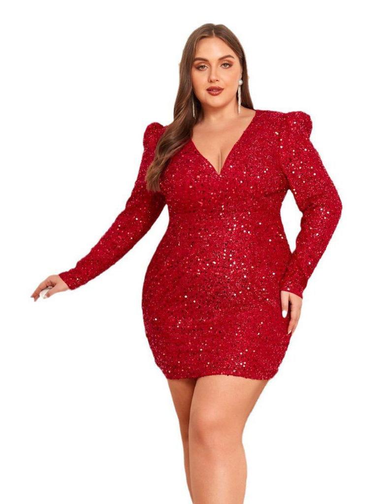 2025 Starry Sky Sequin V-образный вырез с рукавами-фонариками на Рождество вечернее платье