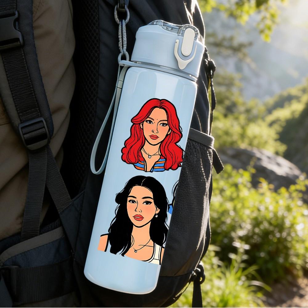 1PC Curly Hair Red Lady Portrait 750ml Color Plastic Sports Water Bottle Leakproof Flip Straw Lid Suitable for Sports Office Home Use