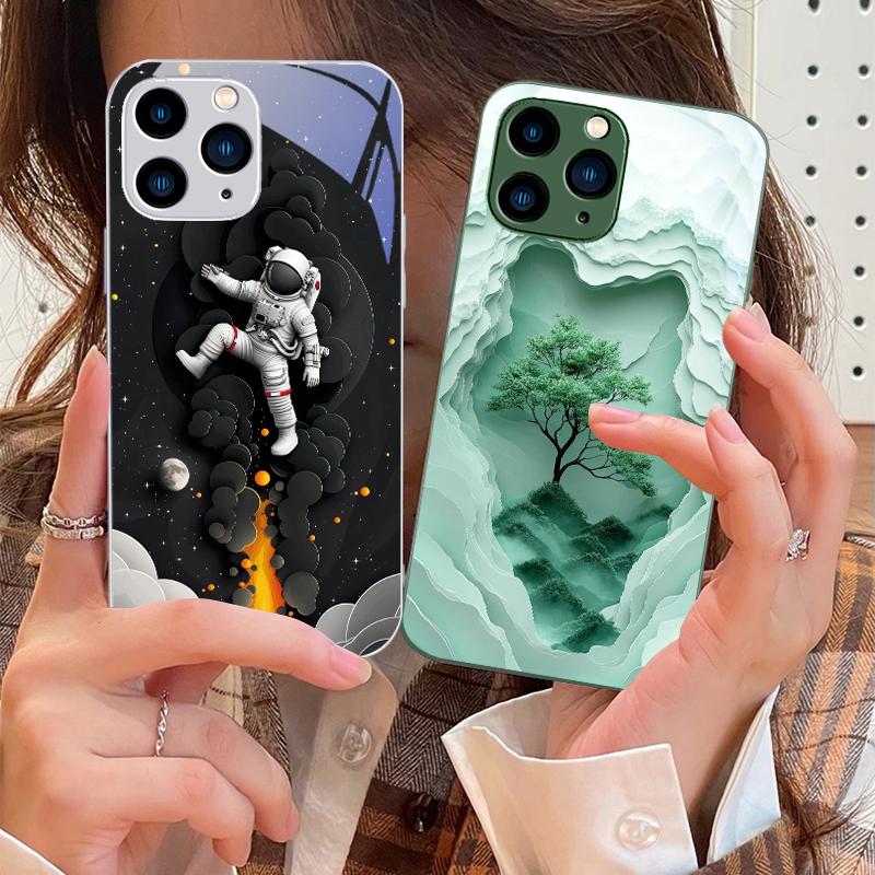 Луна и астронавты для iPhone 16 Pro Max 15 Pro 14 13 12 Mini 11 XS M Ax XR 7 8 Plu SE 2022 Чехол для телефона из закаленного стекла