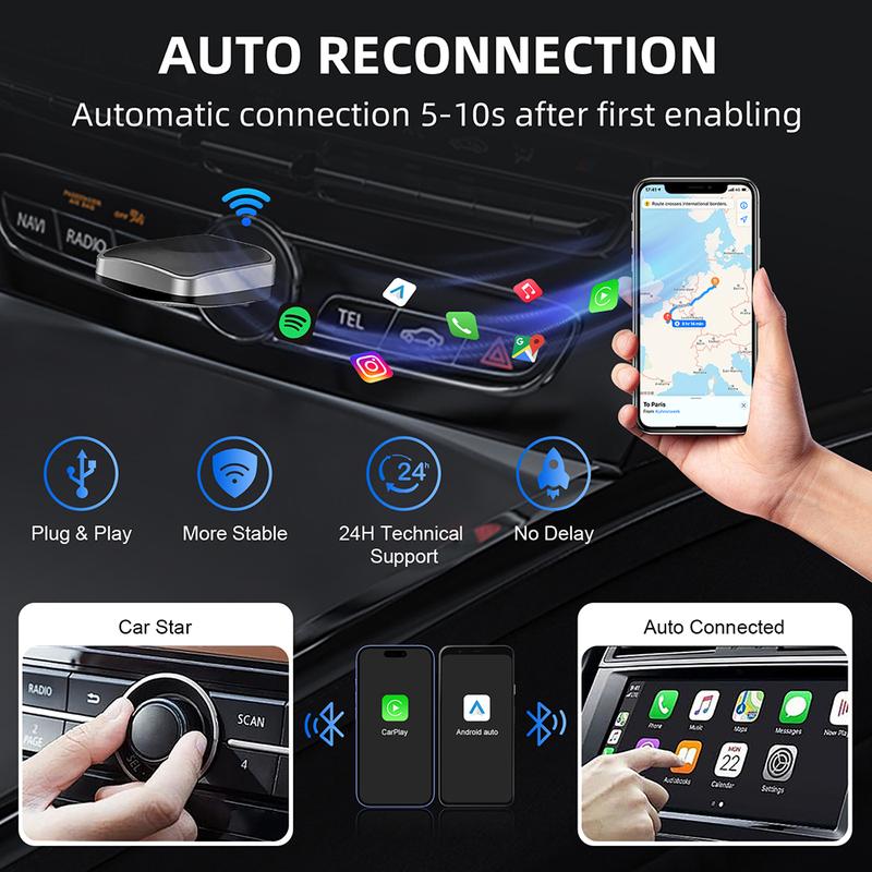 Мини-адаптер CarPlay и Android Auto без проводов – Dongle Plug & Play, Преобразует проводное подключение в беспроводное, USB-A/C, Совместим с автомобилями 2016+