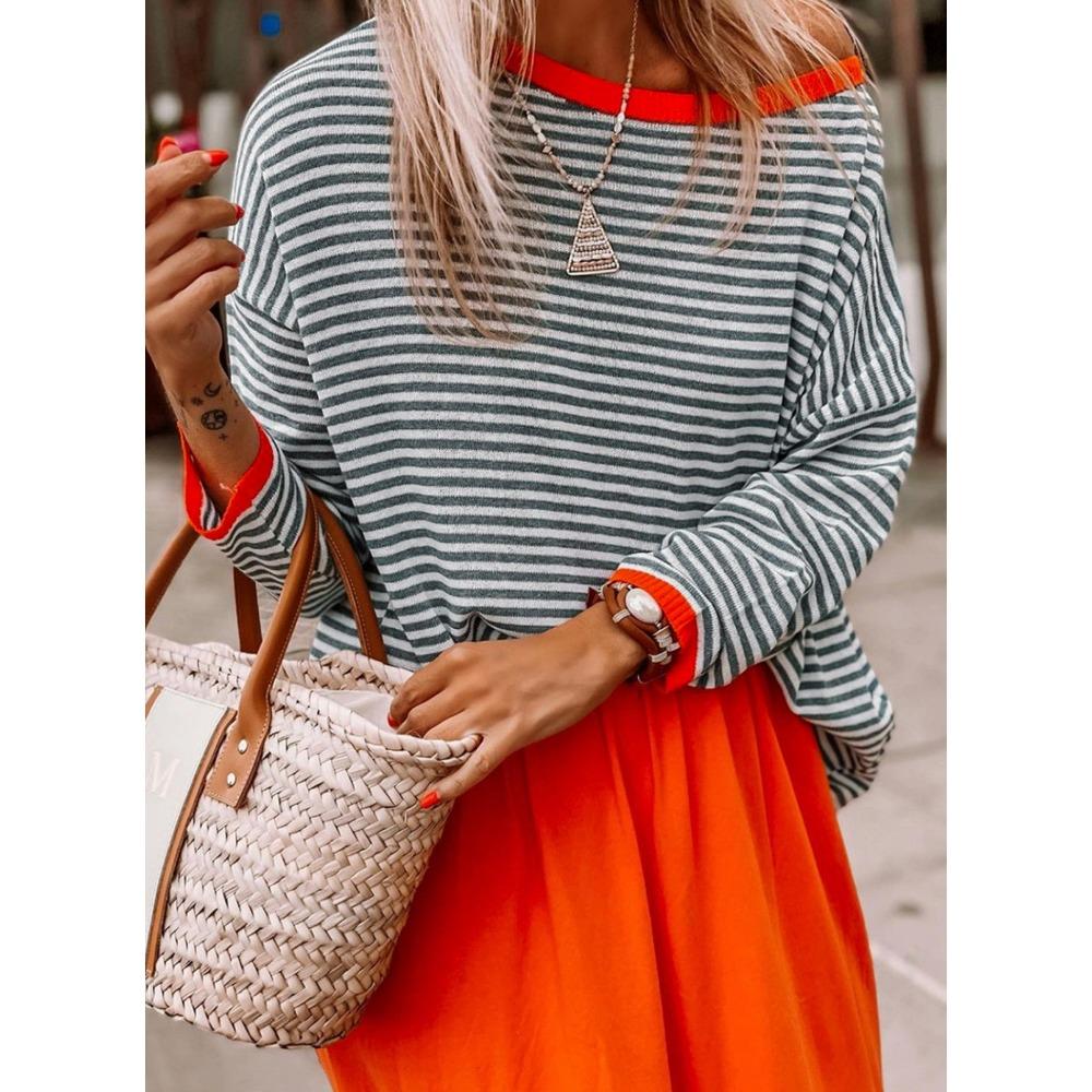 JPNTKY Женская Мода Повседневный Принт в Полоску Осень Зима С Длинным Рукавом Круглый Вырез Свободные Свитеры