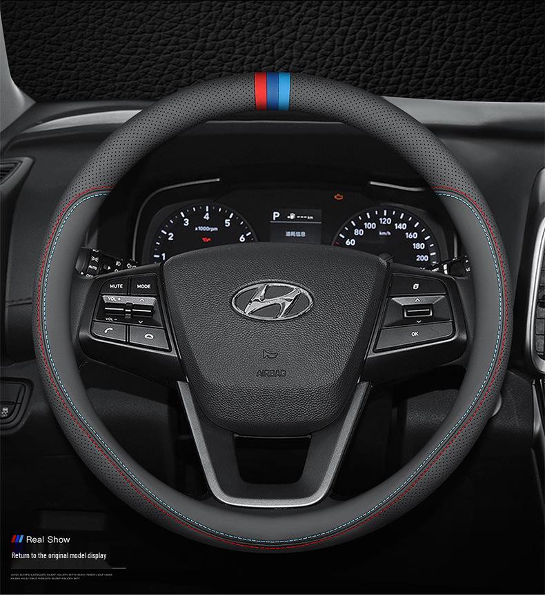 Genuine Leather Steering Wheel Cover for Hyundai: Elantra, Sonata, Santa Fe, ix35, Tucson, Feista, Mingtu - Ultra-thin Design.