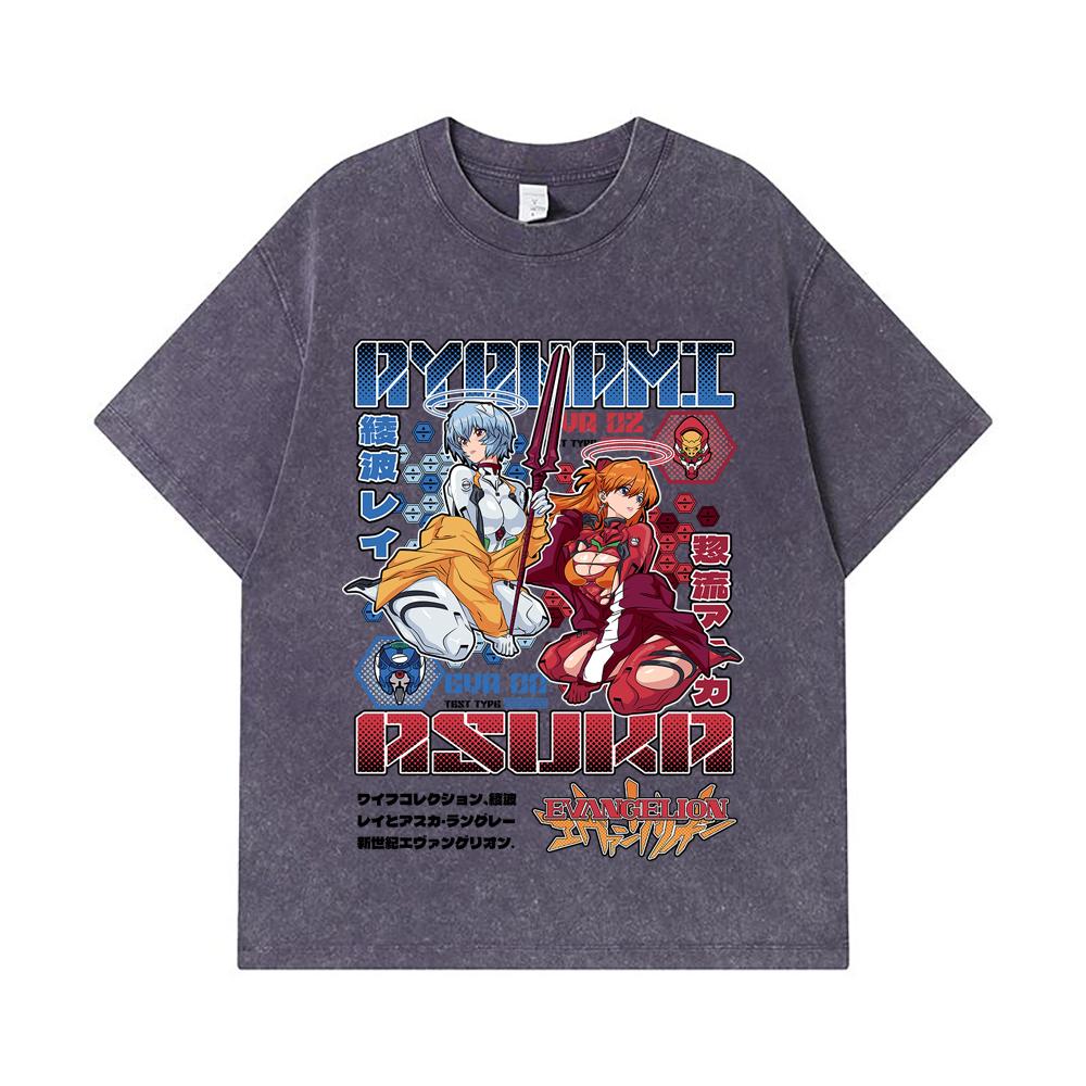 275 GSM Washed T-shirts 100% Cotton Evangelion V2 Asuka Rei Print Unisex Heavy Cotton T Shirt