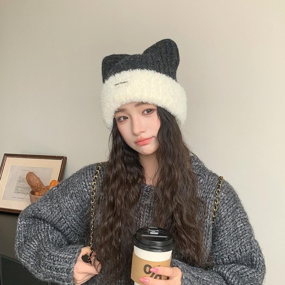 56cm to 58cm Cat Ear Beanie Polyester Winter Beanie Hat Plush KnittedHat Cold Weather Wear