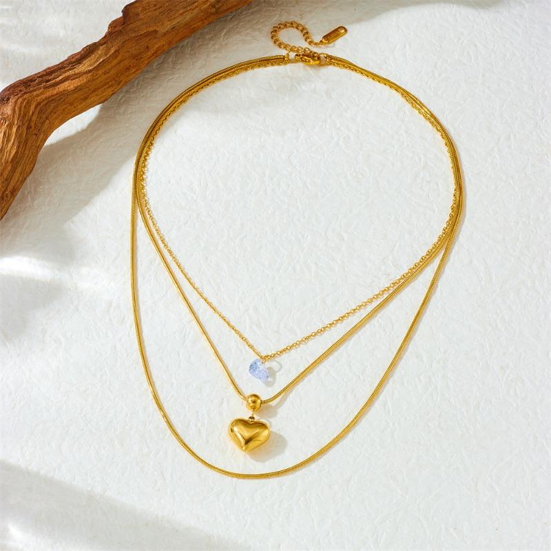 Layered Heart Pendant Necklace For Women Gold Plated Stainless Steel Zircon Fashion Jewelry