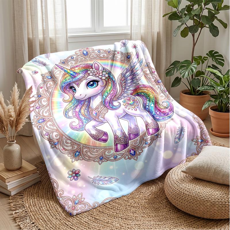 Rainbow Winged Unicorn Theme blanket Lightweight Warm Flannel Blanket Decorative Throw Blanket for Home Decoration