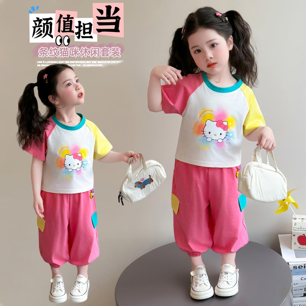Girls' Summer Set 2026 New Fashionable Children's Short sleeved Girl Baby Summer Dress Cat Leisure Summer