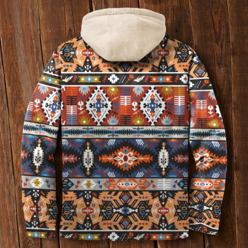 Men's Autumn and Winter Outdoor Casual Retro Ethnic Print Hooded Jacket