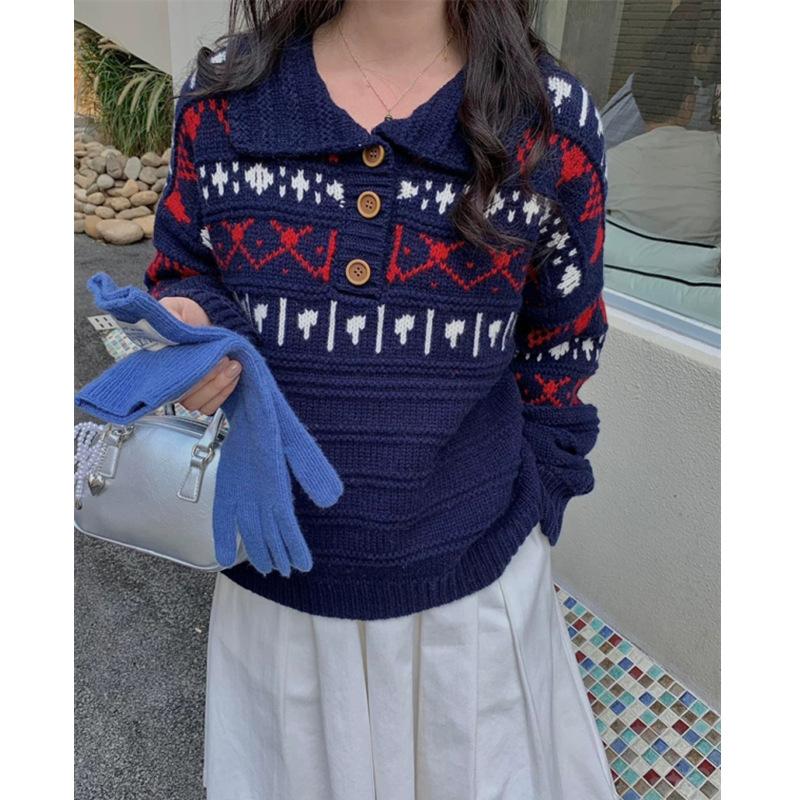 Fair Island sweater women's autumn and winter polo lapel soft waxy jacquard knitted sweater with bottoming top