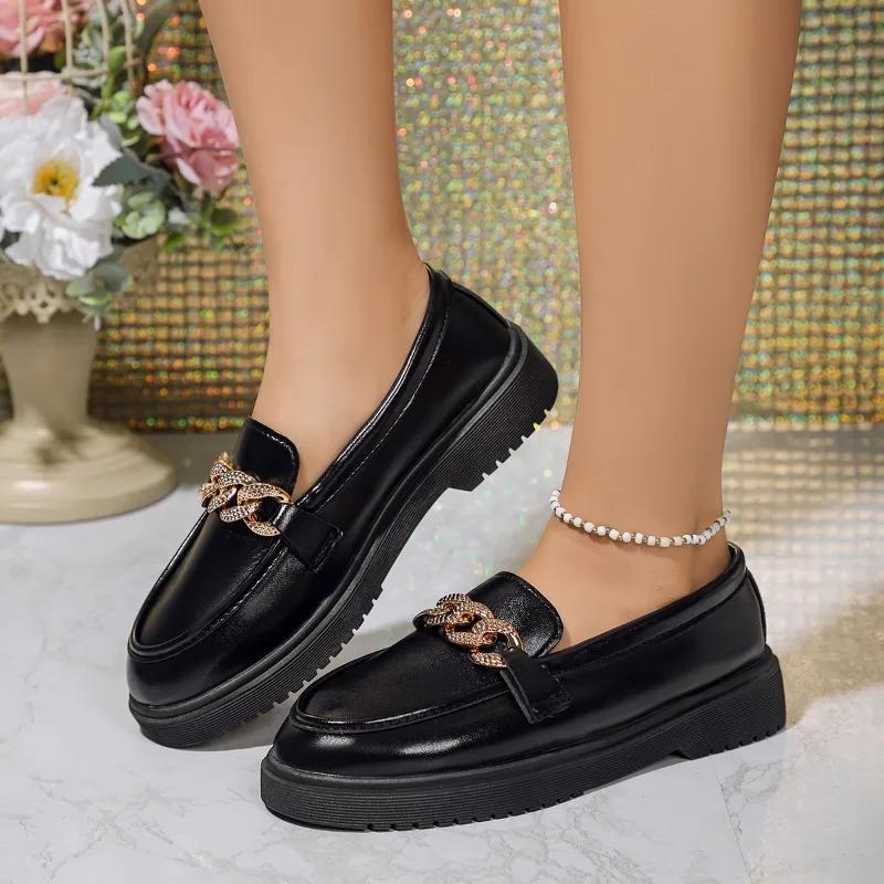 Ladies Shoes Loafers Women's High Heels Classics Office Pumps Women Crystal Metal Decoration Round Toe Low Heel Shoes Women
