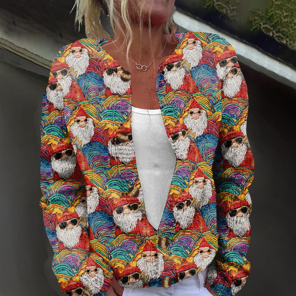 Women's Fashion Christmas Printed Long Sleeve Knitted Cardigan Button Down Jacket