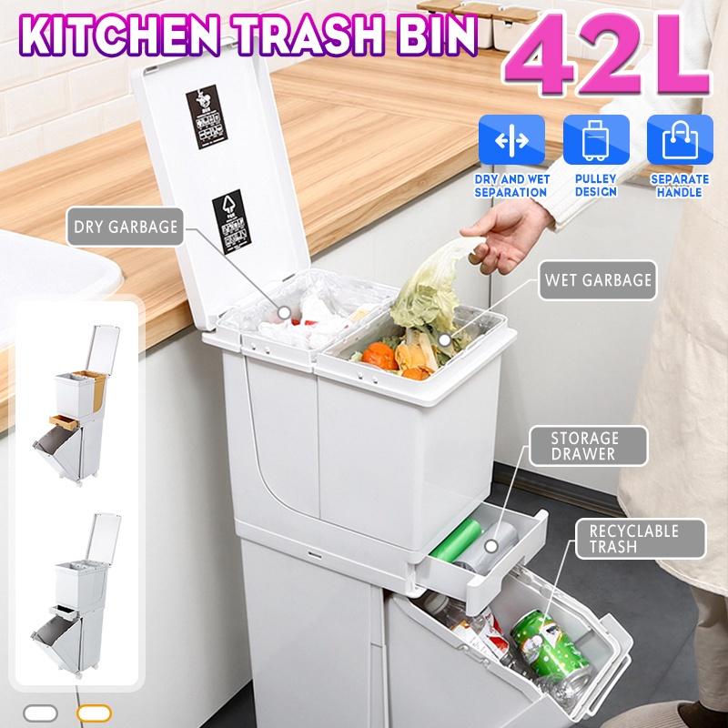 2-слойное 42-литровое кухонное мусорное ведро для раздельного сбора мокрого и сухого мусора, передвижное, для переработки, для хранения мусора, мусорное ведро, урна для мусора, мусорный бак, ПП