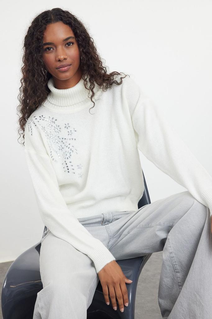 Women's Fashion Stylish Sweater Black Soft Textured Stone Detailed Turtleneck Knitwear Sweater