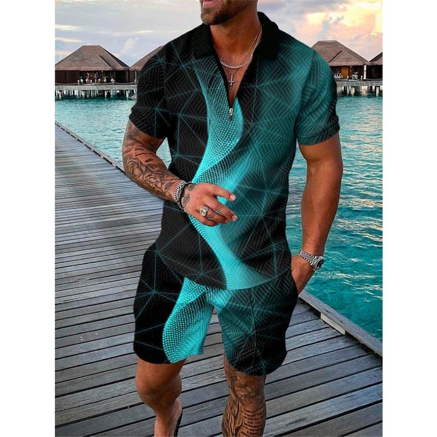 Контрастные летние мужские костюмы с лацканами, застежкой-молнией и принтом, короткий рукав, футболка, комплект из 2 предметов, повседневные шорты с карманами, спортивные костюмы, мужские спортивные комплекты из двух предметов