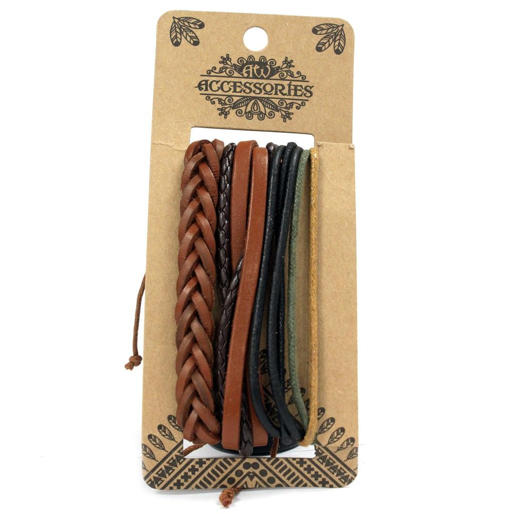Mens Bracelet Set Leather and Metal Adjustable