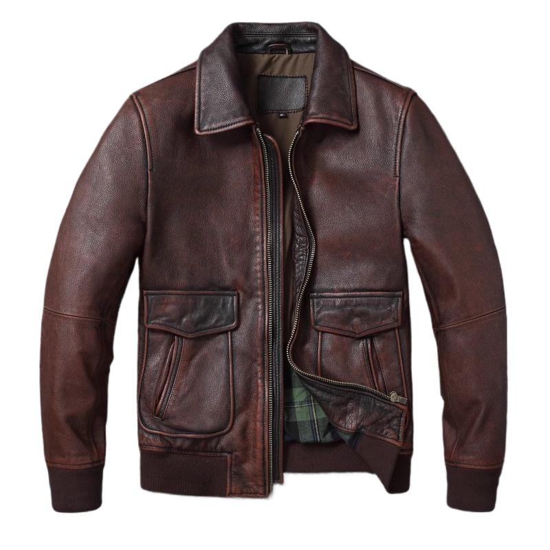 Китайский размер Vintage Red-Browm Flight A2 Мужская натуральная кожаная куртка Light Covered First Layer Cowhed Мужские куртки Осень и зима Пилот кожаная куртка