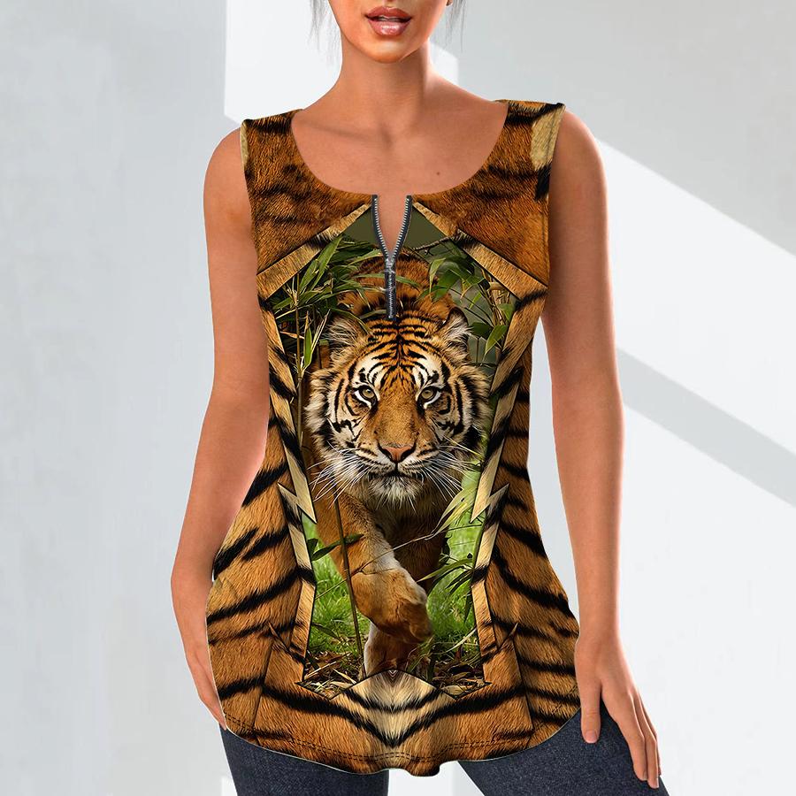 Women's Fashion V Neck Shirts Casual Tops T-shirt Ladies 3D A Mighty Tiger Print Vest Plus Size Sleeveless Blouse Tank Tops