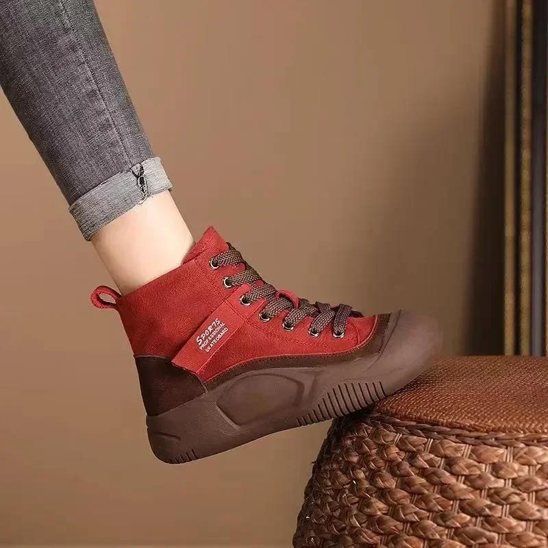 Fashion 2024 Women Vulcanized Shoes Autumn Women's High Top Sneakers Winter Lace-up Round Toe Casual Thick Sole Non-slip Women's Shoes