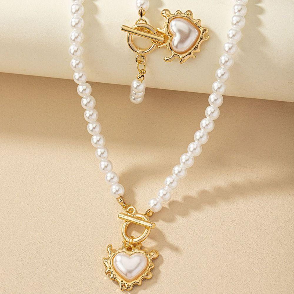 Crystal Necklace Bracelet Set Beaded Pearl Necklace Set Romantic Heart Pendant Jewelry Set  Women