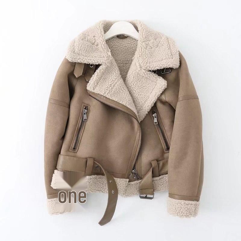 Women's Suede and Lambswool Motorcycle Jacket - Warm Fleece Coat for Autumn and Winter