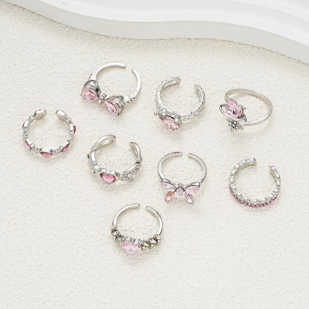 8 шт., набор колец с розовым цирконием в форме сердца и бабочки, серебряные регулируемые кольца для женщин, ювелирные аксессуары