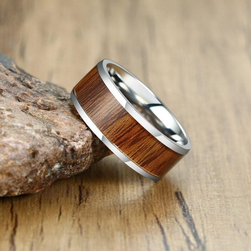 Fashion 8mm Natural Wood Stainless Steel Men Silver Color Ring Wedding Engagement Male Rings Simple Jewelry Man Rings Wholesale