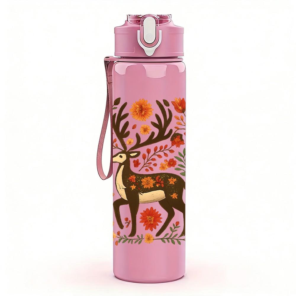 1PC Floral Folk Deer Art 750ml Color Plastic Sports Water Bottle Leakproof Flip Straw Lid Suitable for Sports Office Home Use