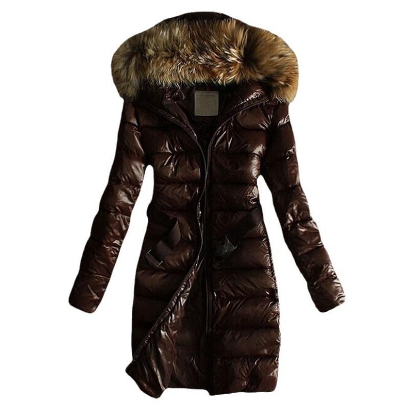 2026 Winter Womens Slim Fit Mid-Length Padded Coat With Raccoon Fur Hood Solid Color