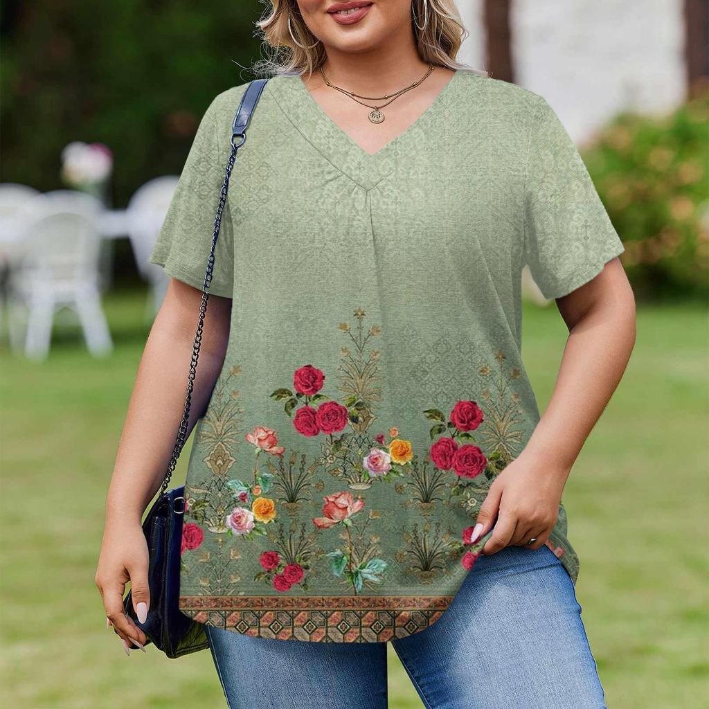 Женская модная повседневная свободная блузка большого размера с коротким рукавом, элегантная с V-образным вырезом, для работы