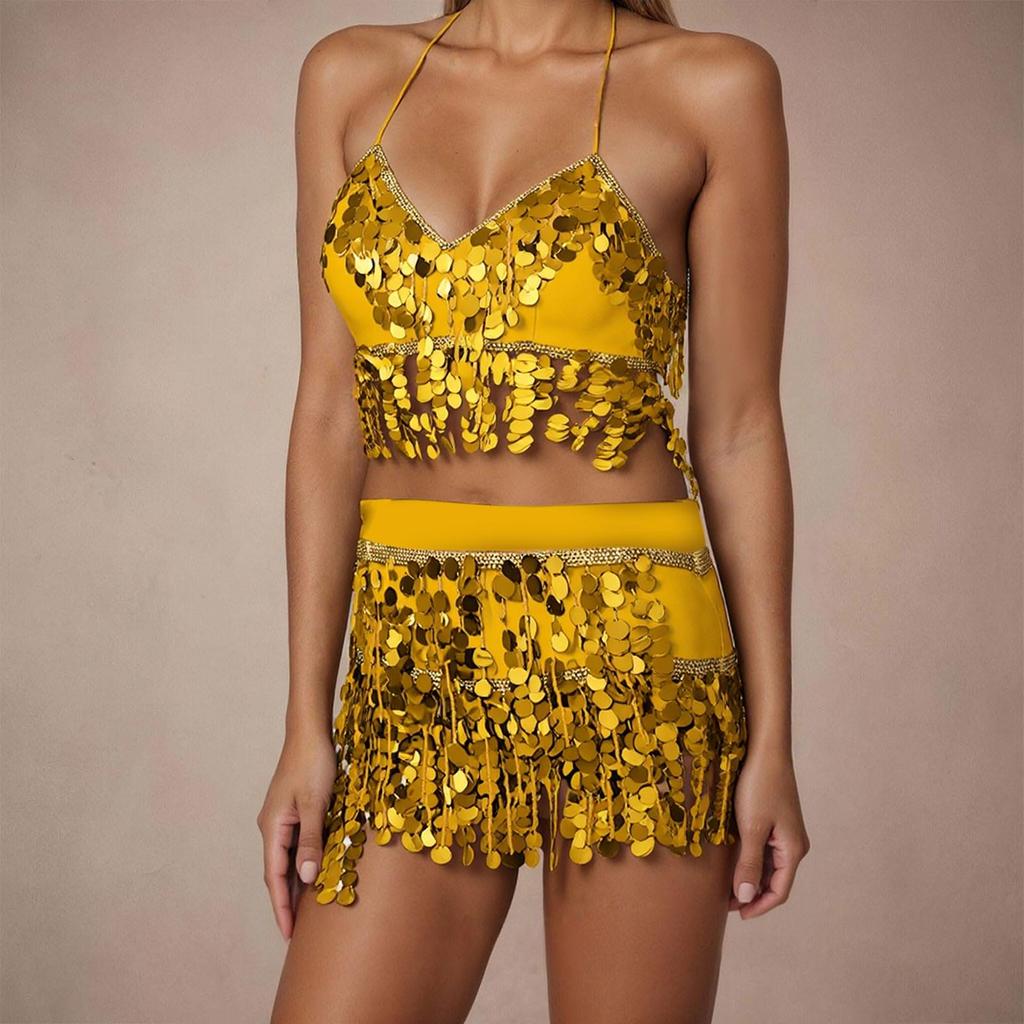 2 Pieces, Bra With Sequined Tassels, Fringed Top, Belly Dance Skirt, Carnival, Club, Costumes